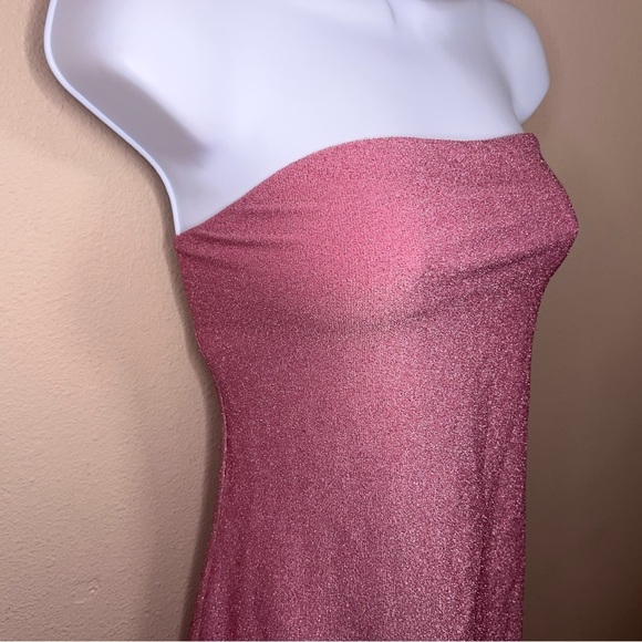 Medium Divided Pink Shimmer Fitted Bodycon Dress Strapless Stretch Event Party - Picture 8 of 13